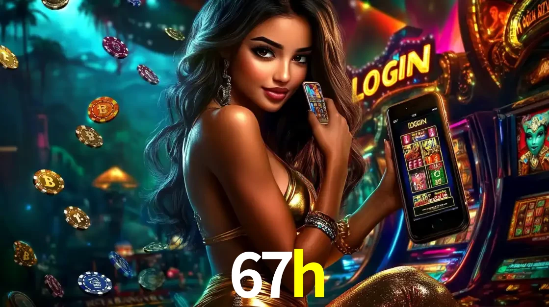 Mulher em um cenário de cassino temático de aventura, mostrando o app de caça-níqueis da 67h no celular. Fichas de apostas flutuam ao redor.