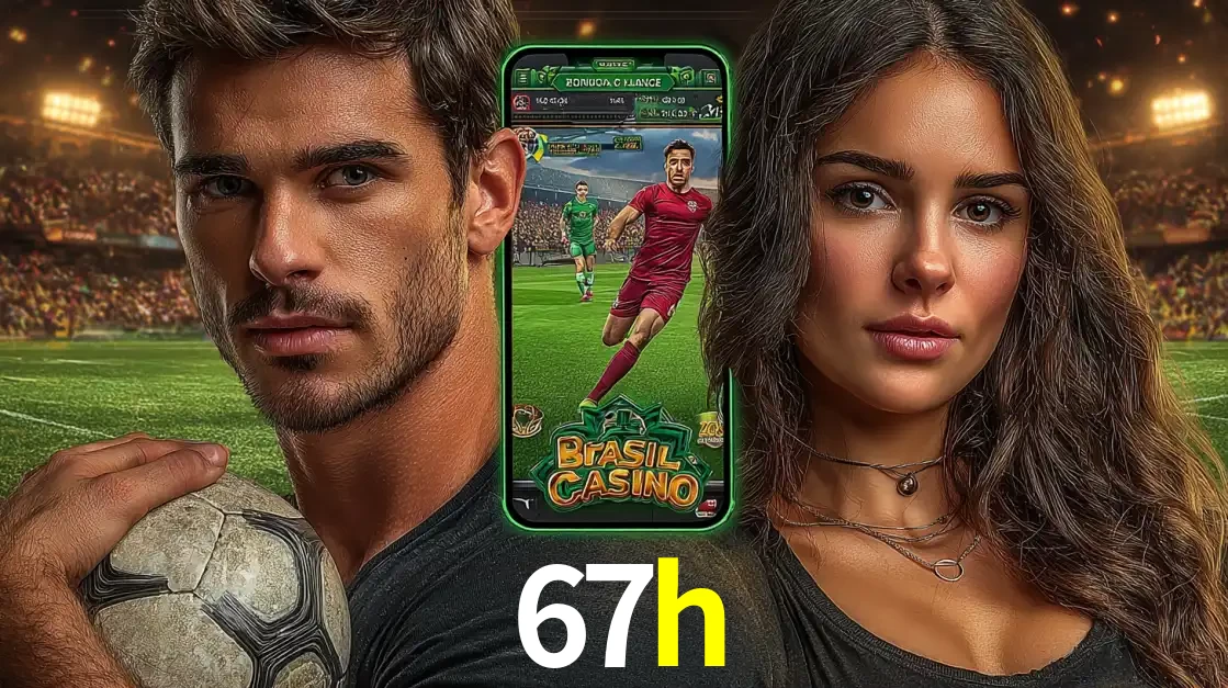 Homem segurando uma bola de futebol e uma mulher ao lado de um smartphone exibindo o jogo de apostas esportivas da 67h. Faça seu palpite no cassino online.